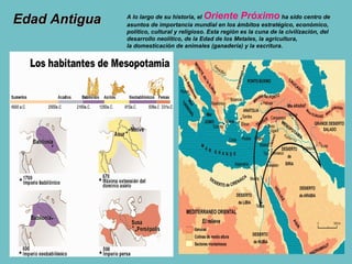 Edad Antigua   A lo largo de su historia, elOriente Próximo               ha sido centro de
               asuntos de importancia mundial en los ámbitos estratégico, económico,
               político, cultural y religioso. Esta región es la cuna de la civilización, del
               desarrollo neolítico, de la Edad de los Metales, la agricultura,
               la domesticación de animales (ganadería) y la escritura.
 