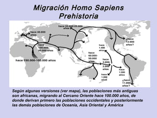 Migración Homo Sapiens
                 Prehistoria




Según algunas versiones (ver mapa), las poblaciones más antiguas
son africanas, migrando al Cercano Oriente hace 100.000 años, de
donde derivan primero las poblaciones occidentales y posteriormente
las demás poblaciones de Oceanía, Asia Oriental y América
 