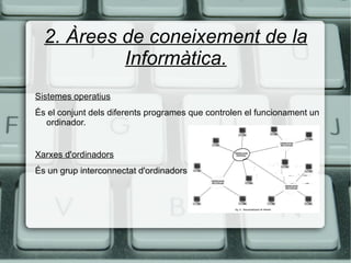 2. Àrees de coneixement de la Informàtica. Sistemes operatius És el conjunt dels diferents programes que controlen el funcionament un ordinador. Xarxes d'ordinadors És un grup interconnectat d'ordinadors. 