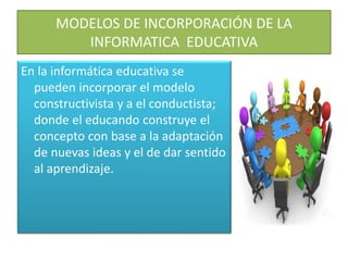 MODELOS DE INCORPORACIÓN DE LA
INFORMATICA EDUCATIVA
En la informática educativa se
pueden incorporar el modelo
constructivista y a el conductista;
donde el educando construye el
concepto con base a la adaptación
de nuevas ideas y el de dar sentido
al aprendizaje.
 