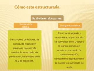 Cómo estaestructurada
Se divide en dos partes:
Liturgia de la
palabra
Liturgia eucarística
Se compone de lecturas, de
cantos, de meditación
silenciosa que permita
asimilar lo escuchado, de
predicación, del símbolo de la
fe y de oraciones.
Es un acto sagrado y
sacramental, el pan y el vino
se convierten en el Cuerpo y
la Sangre de Cristo y
nosotros, por medio de
nuestra comunión,
compartimos espiritualmente
la muerte y resurrección de
Jesús.
 