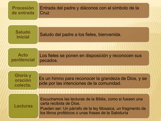 Entrada del padre y diáconos con el símbolo de la
Cruz
Procesión
de entrada
Saludo del padre a los fieles, bienvenida.
Saludo
Inicial
Acto
penitencial
Es un himno para reconocer la grandeza de Dios, y se
pide por las intenciones de la comunidad.
Gloria y
oración
colecta.
Los fieles se ponen en disposición y reconocen sus
pecados.
Escuchamos las lecturas de la Biblia, como si fuesen una
carta recibida de Dios.
Pueden ser: Un párrafo de la ley Mosaica, un fragmento de
los libros proféticos o unas frases de la Sabiduría
Lecturas
 
