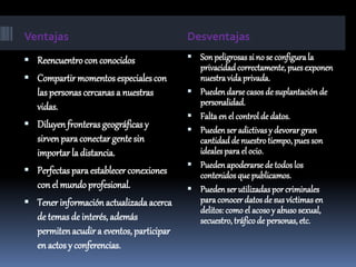 Ventajas Desventajas
 Reencuentro con conocidos
 Compartir momentos especialescon
las personas cercanas a nuestras
vidas.
 Diluyen fronteras geográficas y
sirven paraconectar gente sin
importar la distancia.
 Perfectas para establecer conexiones
con el mundo profesional.
 Tener información actualizadaacerca
de temas de interés, además
permitenacudira eventos, participar
en actos y conferencias.
 Sonpeligrosas si no se configurala
privacidadcorrectamente, puesexponen
nuestravidaprivada.
 Pueden darsecasos de suplantaciónde
personalidad.
 Falta en el controlde datos.
 Pueden ser adictivasy devorargran
cantidadde nuestrotiempo,puesson
idealespara el ocio.
 Pueden apoderarse de todoslos
contenidosquepublicamos.
 Pueden ser utilizadaspor criminales
paraconocer datosde sus víctimasen
delitos: comoel acosoy abusosexual,
secuestro, tráficode personas, etc.
 