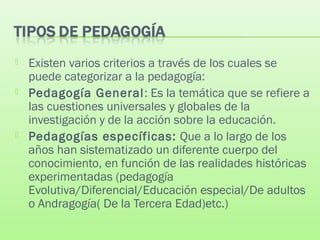  Existen varios criterios a través de los cuales se
puede categorizar a la pedagogía:
 Pedagogía General: Es la temática que se refiere a
las cuestiones universales y globales de la
investigación y de la acción sobre la educación.
 Pedagogías específicas: Que a lo largo de los
años han sistematizado un diferente cuerpo del
conocimiento, en función de las realidades históricas
experimentadas (pedagogía
Evolutiva/Diferencial/Educación especial/De adultos
o Andragogía( De la Tercera Edad)etc.)
 
