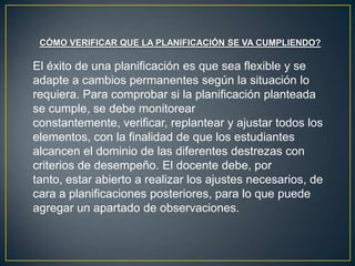 CÓMO VERIFICAR QUE LA PLANIFICACIÓN SE VA CUMPLIENDO?

El éxito de una planificación es que sea flexible y se
adapte a cambios permanentes según la situación lo
requiera. Para comprobar si la planificación planteada
se cumple, se debe monitorear
constantemente, verificar, replantear y ajustar todos los
elementos, con la finalidad de que los estudiantes
alcancen el dominio de las diferentes destrezas con
criterios de desempeño. El docente debe, por
tanto, estar abierto a realizar los ajustes necesarios, de
cara a planificaciones posteriores, para lo que puede
agregar un apartado de observaciones.
 