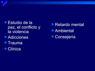 Estudio de la paz, el conflicto y la violencia Adicciones Trauma Clínica Retardo mental Ambiental Consejerìa 