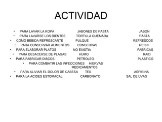 ACTIVIDAD PARA LAVAR LA ROPA  JABONES DE PASTA  JABON PARA LAVARSE LOS DIENTES  TORTILLA QUEMADA  PASTA COMO BEBIDA REFRESCANTE  PULQUE  REFRESCOS PARA CONSERVAR ALIMENTOS  CONSERVAS  REFRI PARA ELABORAR PLATOS  NO EXISTIA  FABRICAS PARA DESACERSE DE PLAGAS  HUMO  RAID PARA FABRICAR DISCOS  PETROLEO  PLASTICO PARA COMBATIR LAS INFECCIONES  HIERVAS  MEDICAMENTOS PARA ALIVIAR EL DOLOR DE CABESA  TES  ASPIRINA PARA LA ACIDES ESTOMACAL  CARBONATO  SAL DE UVAS  