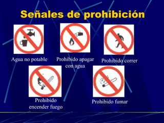 Señales de prohibición

Agua no potable

Prohibido apagar
con agua

Prohibido
encender fuego

Prohibido correr

Prohibido fumar

 