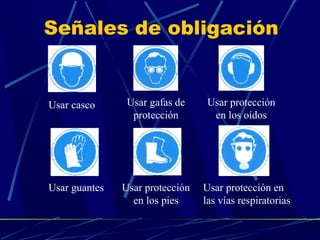 Señales de obligación

Usar casco

Usar guantes

Usar gafas de
protección

Usar protección
en los pies

Usar protección
en los oídos

Usar protección en
las vías respiratorias

 