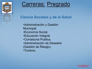 PregradoCarreras:Ciencia Sociales y de la SaludAdministración y Gestión Municipal.