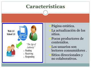 Características


         Página estática.
         La actualización de los
          sitios.
         Pocos productores de
          contenidos.
         Los usuarios son
          lectores consumidores .
         Sitios direccionales y
          no colaborativos.
 