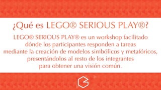¿Qué es LEGO® SERIOUS PLAY®?
LEGO® SERIOUS PLAY® es un workshop facilitado
dónde los participantes responden a tareas
mediante la creación de modelos simbólicos y metafóricos,
presentándolos al resto de los integrantes
para obtener una visión común.
 