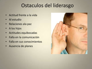 Ostaculos del liderasgo
•   Actitud frente a la vida
•   Al estudio
•   Relaciones ala paz
•   A los hijos
•   Actitudes equibocadas
•   Falla en la comunicación
•   Falla en sus conocimientos
•   Ausencia de planes
 