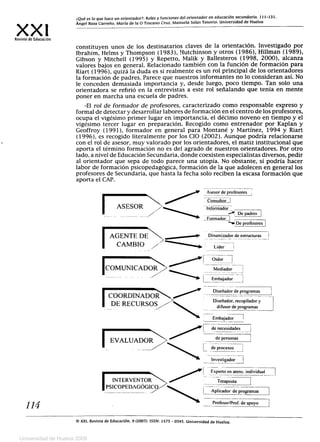 XX1
Revista de Educación
114
¿Qué es lo que hace un orientador?: Roles y funciones del orientador en educación secundaria. 111-131.
Ángel Boza Carreño. María de la O Toscano Cruz. Manuela Salas Tenorio. Universidad de Huelva
constituyen unos de los destinatarios claves de la orientación. Investigado por
Ibrahim, Helms y Thompson (1983), Hutchinson y otros (1986), Hillman (1989),
Gibson y Mitchell (1995) y Repetto, Malik y Ballesteros (1998, 2000), alcanza
valores bajos en general. Relacionado también con la función de formación para
Riart (1996), quizá la duda es si realmente es un rol principal de los orientadores
la formación de padres. Parece que nuestros informantes no lo consideran así. No
le conceden demasiada importancia y, desde luego, poco tiempo. Tan solo una
orientadora se refirió en la entrevistas a este rol señalando que tenía en mente
poner en marcha una escuela de padres.
-El rol de formador de profesores, caracterizado como responsable expreso y
formal de detectar y desarrollar labores de formación en el centro de los profesores,
ocupa el vigésimo primer lugar en importancia, el décimo noveno en tiempo y el
vigésimo tercer lugar en preparación. Recogido como entrenador por Kaplan y
Geoffroy (1991), formador en general para Montané y Martínez, 1994 y Riart
(1996), es recogido literalmente por los CIO (2002). Aunque podría relacionarse
con el rol de asesor, muy valorado por los orientadores, el matiz institucional que
aporta el término formación no es del agrado de nuestros orientadores. Por otro
lado, a nivel de Educación Secundaria, donde coexisten especialistas diversos, pedir
al orientador que sepa de todo parece una utopía. No obstante, sí podría hacer
labor de formación psicopedagógica, formación de la que adolecen en general los
protesores de Secundaria, que hasta la fecha solo reciben la escasa formación que
aporta el CAP.
Asesor de profesores
Cnsultór^
ASESOR	 / Informador
De padres
_^ormádór
De profesores
AGENTE DE	^ Dinamizador de estructuras_
CAMBIO Lider	 -j
Oidor
C Mediador
Embajador
COORDINADOR
Diseñador de programas
DE RECURSO
Diseñador, recopilador y
difusor de programas
Embajador
de necesidades
EVACUADOR de personas
-- __	_
de procesos
Investigador 1,
Ex
pert
o en atenc. individual
INTERVENTOR Terapeuta
PSICOPEDAGÓGICO
Aplicador de programas
Profesor/Prof. de apoyo
B XXI. Revista de Educación. 9 (2007). ISSN: 1575 - 0345. Universidad de Huelva.
Universidad de Huelva 2009
 