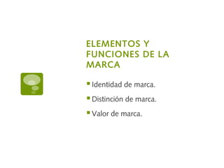 ELEMENTOS Y
FUNCIONES DE LA
MARCA
Identidad de marca.
Distinción de marca.
Valor de marca.
 