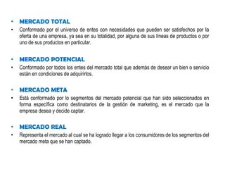 •

MERCADO TOTAL

•

Conformado por el universo de entes con necesidades que pueden ser satisfechos por la
oferta de una empresa, ya sea en su totalidad, por alguna de sus líneas de productos o por
uno de sus productos en particular.

•

MERCADO POTENCIAL

•

Conformado por todos los entes del mercado total que además de desear un bien o servicio
están en condiciones de adquirirlos.

•

MERCADO META

•

Está conformado por lo segmentos del mercado potencial que han sido seleccionados en
forma específica como destinatarios de la gestión de marketing, es el mercado que la
empresa desea y decide captar.

•

MERCADO REAL

•

Representa el mercado al cual se ha logrado llegar a los consumidores de los segmentos del
mercado meta que se han captado.

 