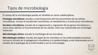 Tipos de microbiología
El campo de la microbiología puede ser dividido en varias subdisciplinas:
Fisiología microbiana: estudio a nivel bioquímico del funcionamiento de las células
microbianas. Incluye el estudio del crecimiento, el metabolismo y la estructura microbianas.
Genética microbiana: estudio de la organización y regulación de los genes microbianos y
como éstos afectan el funcionamiento de las células. Está muy relacionada con la biología
molecular.
Microbiología clínica: estudia la morfología de los microbios.
Microbiología médica: estudio del papel de los microbios en las enfermedades humanas.
Incluye el estudio de la patogénesis microbiana y la epidemiología y está relacionada con el
estudio de la patología de la enfermedad y con la inmunología.
 