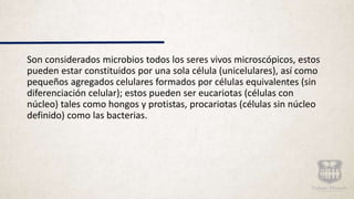 Son considerados microbios todos los seres vivos microscópicos, estos
pueden estar constituidos por una sola célula (unicelulares), así como
pequeños agregados celulares formados por células equivalentes (sin
diferenciación celular); estos pueden ser eucariotas (células con
núcleo) tales como hongos y protistas, procariotas (células sin núcleo
definido) como las bacterias.
 