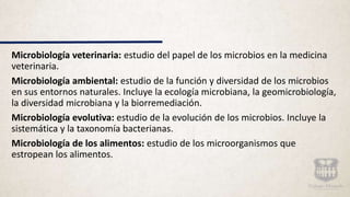 Microbiología veterinaria: estudio del papel de los microbios en la medicina
veterinaria.
Microbiología ambiental: estudio de la función y diversidad de los microbios
en sus entornos naturales. Incluye la ecología microbiana, la geomicrobiología,
la diversidad microbiana y la biorremediación.
Microbiología evolutiva: estudio de la evolución de los microbios. Incluye la
sistemática y la taxonomía bacterianas.
Microbiología de los alimentos: estudio de los microorganismos que
estropean los alimentos.
 