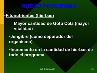 NUEVO PROGRAMA Fitonutrientes (hierbas) Mayor cantidad de Gotu Cola (mayor vitalidad) Jengibre (como depurador del organismo) Incremento en la cantidad de hierbas de todo el programa 