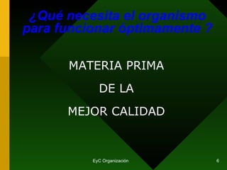 MATERIA PRIMA DE LA MEJOR CALIDAD ¿Qué necesita el organismo para funcionar óptimamente ? 