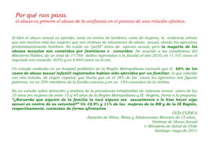 Por qué nos pasa.
el abuso es primero el abuso de la confianza en el proceso de una relación afectiva.
Si bien el abuso sexual es ejercido, tanto en contra de hombres, como de mujeres, la evidencia señala
que son muchas más las mujeres que son víctimas de situaciones de abuso sexual, siendo los agresores
predominantemente hombres. No existe un “perfil” único de agresor sexual, pero la mayoría de los
abusos sexuales son cometidos por familiares o conocidos. De acuerdo a las estadísticas del
Ministerio Público, de un total de 17.766 delitos ingresados a la fiscalía el año 2010, en 11.101 casos el
imputado era conocido (63%) y en 6.664 casos no lo era.
Un estudio realizado en un hospital pediátrico de la Región Metropolitana encontró que el 66% de los
casos de abuso sexual infantil registrados habían sido ejercidos por un familiar, lo que coincide
con otro estudio, de origen español, que revela que en el 38% de los casos los agresores son figuras
paternas, en un 29% miembros de la familia extensa y en un 18% conocidos de la víctima.
En un estudio sobre detección y análisis de la prevalencia intrafamiliar de violencia sexual antes de los
15 años (en mujeres de entre 15 y 45 años de la Región Metropolitana y IX Región), frente a la pregunta:
“¿Recuerda que alguien de la familia la tocó alguna vez sexualmente o le hizo hacer algo
sexual en contra de su voluntad?” Un 10,9% y 11% de las mujeres de la RM y de la IX Región,
respectivamente, contestan de forma afirmativa.
GUÍA CLÍNICA
Atención de Niños, Niñas y Adolescentes Menores de 15 años,
Víctimas de Abuso Sexual
© Ministerio de Salud de Chile
Santiago, mayo de 2011
 