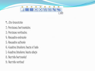 1.-Sin transición2.-Persianas horizontales3.-Persiana verticales4.-Recuadro entrante5.-Recuadro saliente6.-Cuadros bicolores hacia el lado7.-Cuadros bicolores hacia abajo8.-Barrido horizontal9.-Barrido vertical