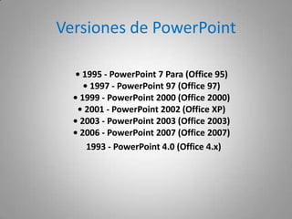 Versiones de PowerPoint

  • 1995 - PowerPoint 7 Para (Office 95)
     • 1997 - PowerPoint 97 (Office 97)
  • 1999 - PowerPoint 2000 (Office 2000)
   • 2001 - PowerPoint 2002 (Office XP)
  • 2003 - PowerPoint 2003 (Office 2003)
  • 2006 - PowerPoint 2007 (Office 2007)
      1993 - PowerPoint 4.0 (Office 4.x)
 