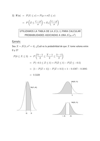 3) F(x) = P(X x) = P( + Z x)
= P Z
x ; = FZ
x ;
UTILIZAMOS LA TABLA DE LA N(0 1) PARA CALCULAR
PROBABILIDADES ASOCIADAS A UNA N( 2
)
Ejemplo:
Sea X N(1 2
= 4), >Cual es la probabilidad de que X tome valores entre
0 y 3?
P(0 X 3) = P
0 ;1
2
X ;1
2
3 ;1
2
= P(;0:5 Z 1) = P(Z 1) ;P(Z ;0:5)
= (1 ;P(Z > 1)) ;P(Z > 0:5) = 1 ;0:1587;0:3085
= 0:5328
0 3
N(1,4)
1
N(0,1)
−.5
N(0,1)
.5
 