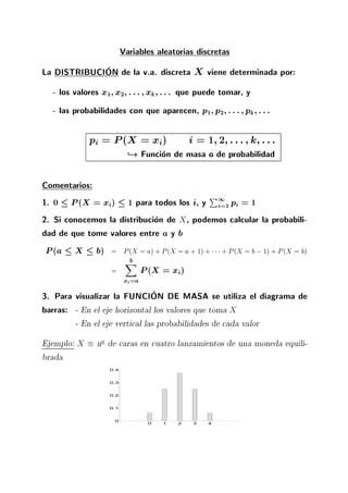 Variables aleatorias discretas
La DISTRIBUCION de la v.a. discreta X viene determinada por:
- los valores x1 x2 ::: xk ::: que puede tomar, y
- las probabilidades con que aparecen, p1 p2 ::: pk :::
pi = P(X = xi) i = 1 2 ::: k :::
,! Funcion de masa o de probabilidad
Comentarios:
1. 0 P(X = xi) 1 para todos los i, y
P1
i=1 pi = 1
2. Si conocemos la distribucion de X, podemos calcular la probabili-
dad de que tome valores entre a y b
P(a X b) = P(X = a) + P(X = a + 1) + + P(X = b ;1) + P(X = b)
=
bX
xi=a
P(X = xi)
3. Para visualizar la FUNCION DE MASA se utiliza el diagrama de
barras: - En el eje horizontal los valores que toma X
- En el eje vertical las probabilidades de cada valor
Ejemplo: X no de caras en cuatro lanzamientos de una moneda equili-
brada
0 1 2 3 4
0
0.1
0.2
0.3
0.4
 