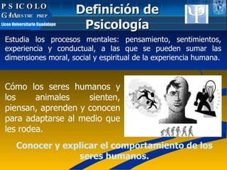 PSICOLOGIA Estudia los procesos mentales: pensamiento, sentimientos, experiencia y conductual, a las que se pueden sumar las dimensiones moral, social y espiritual de la experiencia humana. Cómo los seres humanos y los animales sienten, piensan, aprenden y conocen para adaptarse al medio que les rodea.  Conocer y explicar el comportamiento de los seres humanos. Definición de Psicología PSICOLOGIA 5º SEMESTRE  PREP  Liceo Universitario Guadalupe 