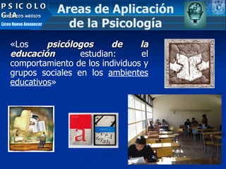 «L os  psicólogos de la educación  estudian: el comportamiento de los individuos y grupos sociales en los  ambientes educativos » Areas de Aplicación de la Psicología PSICOLOGIA TERCEROS MEDIOS Liceo Nuevo Amanecer 