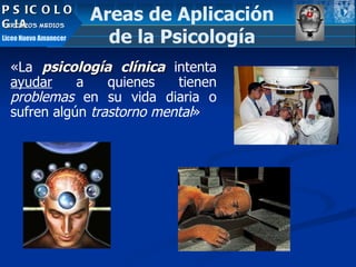 « La  psicología clínica  intenta  ayudar  a quienes tienen  problemas  en su vida diaria o sufren algún  trastorno mental » Areas de Aplicación de la Psicología PSICOLOGIA TERCEROS MEDIOS Liceo Nuevo Amanecer 