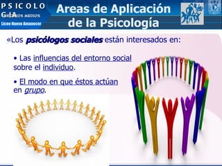 Areas de Aplicación de la Psicología PSICOLOGIA TERCEROS MEDIOS Liceo Nuevo Amanecer « Los  psicólogos sociales  están interesados en: Las  influencias del entorno social  sobre el  individuo . El modo en que éstos actúan  en  grupo . 