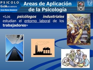 PSICOLOGIA TERCEROS MEDIOS Liceo Nuevo Amanecer Areas de Aplicación de la Psicología « Los  psicólogos industriales  estudian el  entorno laboral  de los  trabajadores » 