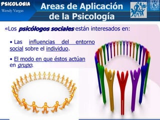 PSICOLOGIA
Wendy Vargas
                 Areas de Aplicación
                   de la Psicología
 «Los psicólogos sociales...