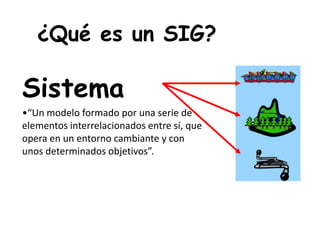 Sistema
•“Un modelo formado por una serie de
elementos interrelacionados entre sí, que
opera en un entorno cambiante y con
unos determinados objetivos”.
¿Qué es un SIG?
 