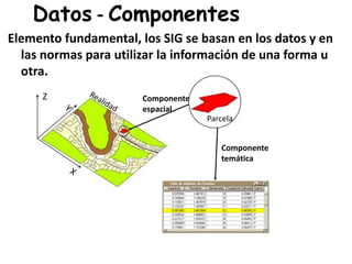 Datos - Componentes
Z Componente
espacial
Componente
temática
Parcela
Elemento fundamental, los SIG se basan en los datos y en
las normas para utilizar la información de una forma u
otra.
 