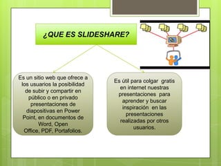 ¿QUE ES SLIDESHARE?




Es un sitio web que ofrece a
                               Es útil para colgar gratis
 los usuarios la posibilidad
                                 en internet nuestras
   de subir y compartir en
                                presentaciones para
    público o en privado
                                  aprender y buscar
     presentaciones de
                                  inspiración en las
   diapositivas en Power
                                    presentaciones
  Point, en documentos de
                                 realizadas por otros
         Word, Open
                                        usuarios.
  Office, PDF, Portafolios.
 