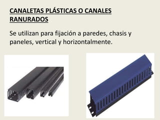 CANALETAS PLÁSTICAS O CANALES
RANURADOS
Se utilizan para fijación a paredes, chasis y
paneles, vertical y horizontalmente.
 