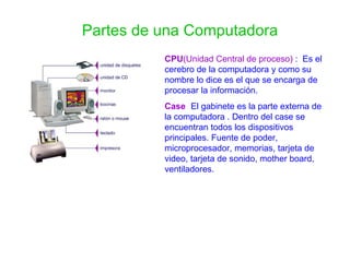 Partes de una Computadora CPU (Unidad Central de proceso)  :  Es el cerebro de la computadora y como su nombre lo dice es el que se encarga de procesar la información. Case :   El gabinete es la parte externa de la computadora . Dentro del case se encuentran todos los dispositivos principales. Fuente de poder, microprocesador, memorias, tarjeta de video, tarjeta de sonido, mother board, ventiladores. 