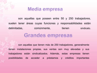 son aquellas que poseen entre 50 y 250 trabajadores, 
suelen tener áreas cuyas funciones y responsabilidades están 
delimitadas, comúnmente, tienen sindicato. 
son aquellas que tienen más de 250 trabajadores, generalmente 
tienen instalaciones propias, sus ventas son muy elevadas y sus 
trabajadores están sindicalizados. Además, estas empresas tienen 
posibilidades de acceder a préstamos y créditos importantes 
 