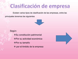 Existen varios tipos de clasificación de las empresas, entre las 
principales tenemos las siguientes 
Según: 
Su constitución patrimonial 
Por su actividad económica 
Por su tamaño 
 por el Ambito de la empresa 
 
