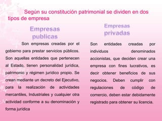 Según su constitución patrimonial se dividen en dos 
tipos de empresa 
Son empresas creadas por el 
gobierno para prestar servicios públicos. 
Son aquellas entidades que pertenecen 
al Estado, tienen personalidad jurídica, 
patrimonio y régimen jurídico propio. Se 
crean mediante un decreto del Ejecutivo, 
para la realización de actividades 
mercantiles, Industriales y cualquier otra 
actividad conforme a su denominación y 
forma jurídica 
Son entidades creadas por 
individuos denominados 
accionistas, que deciden crear una 
empresa con fines lucrativos, es 
decir obtener beneficios de sus 
negocios. Deben cumplir con 
regulaciones de código de 
comercio, deben estar debidamente 
registrado para obtener su licencia. 
 