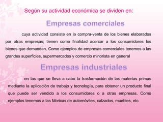 Según su actividad económica se dividen en: 
cuya actividad consiste en la compra-venta de los bienes elaborados 
por otras empresas; tienen como finalidad acercar a los consumidores los 
bienes que demandan. Como ejemplos de empresas comerciales tenemos a las 
grandes superficies, supermercados y comercio minorista en general 
en las que se lleva a cabo la trasformación de las materias primas 
mediante la aplicación de trabajo y tecnología, para obtener un producto final 
que puede ser vendido a los consumidores o a otras empresas. Como 
ejemplos tenemos a las fábricas de automóviles, calzados, muebles, etc 
 
