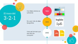 DOS
UNO
TRES
El truco del
3-2-1
Con tres colores es
suficiente
No usar más de dos
tipografías
Usar un formato que
sea fácil de
compartir
 