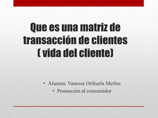 Que es una matriz de
transacción de clientes
( vida del cliente)
• Alumna: Vanessa Orihuela Merlos
• Promoción al consumidor
 