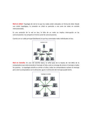 Red en árbol: Topología de red en la que los nodos están colocados en forma de árbol. Desde
una visión topológica, la conexión en árbol es parecida a una serie de redes en estrella
interconectadas.
Es una variación de la red en bus, la falla de un nodo no implica interrupción en las
comunicaciones. Se comparte el mismo canal de comunicaciones.
Cuenta con un cable principal (backbone) al que hay conectadas redes individuales en bus.
Red en Estrella: En una red estrella típica, la señal pasa de la tarjeta de red (NIC) de la
computadora que está enviando el mensaje al Hub y este se encarga de enviar el mensaje a todos
los puertos. La topología estrella es similar a la Bus, todas las computadoras reciben el mensaje
pero solo la computadora con la dirección, igual a la dirección del mensaje puede leerlo.
 