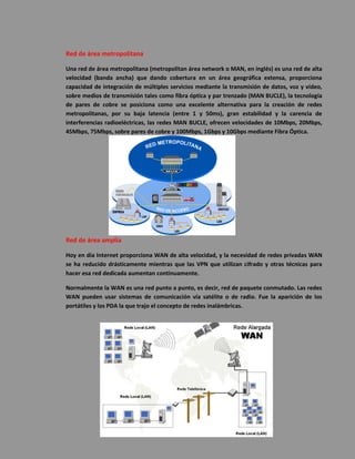 Red de área metropolitana 
Una red de área metropolitana (metropolitan área network o MAN, en inglés) es una red de alta velocidad (banda ancha) que dando cobertura en un área geográfica extensa, proporciona capacidad de integración de múltiples servicios mediante la transmisión de datos, voz y vídeo, sobre medios de transmisión tales como fibra óptica y par trenzado (MAN BUCLE), la tecnología de pares de cobre se posiciona como una excelente alternativa para la creación de redes metropolitanas, por su baja latencia (entre 1 y 50ms), gran estabilidad y la carencia de interferencias radioeléctricas, las redes MAN BUCLE, ofrecen velocidades de 10Mbps, 20Mbps, 45Mbps, 75Mbps, sobre pares de cobre y 100Mbps, 1Gbps y 10Gbps mediante Fibra Óptica. 
Red de área amplia 
Hoy en día Internet proporciona WAN de alta velocidad, y la necesidad de redes privadas WAN se ha reducido drásticamente mientras que las VPN que utilizan cifrado y otras técnicas para hacer esa red dedicada aumentan continuamente. 
Normalmente la WAN es una red punto a punto, es decir, red de paquete conmutado. Las redes WAN pueden usar sistemas de comunicación vía satélite o de radio. Fue la aparición de los portátiles y los PDA la que trajo el concepto de redes inalámbricas. 
 