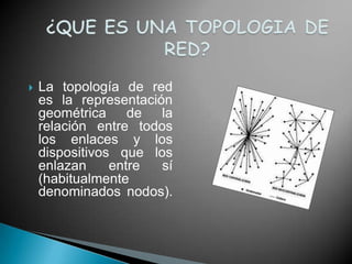    La topología de red
    es la representación
    geométrica de la
    relación entre todos
    los enlaces y los
    dispositivos que los
    enlazan     entre  sí
    (habitualmente
    denominados nodos).
 